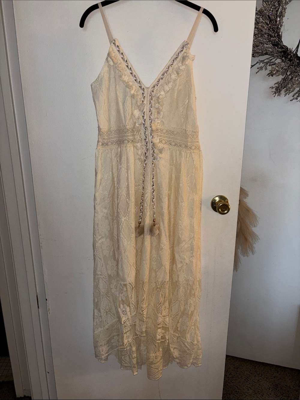 Boho Cream Lace Maxi Dress with Tassel Tie - Picture 2 of 8